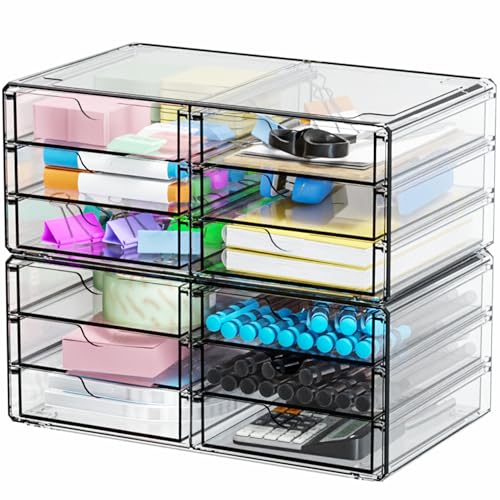 Yieach 2 Pack Acrylic Storage Drawers With 12 Small Drawer,Stackable Office Cabinet Organizer and Makeup Organizer,Clear Plastic Drawers for Craft Supply,Pen,Stationary,Accessory,Makeup,Desk Organizer - size: Large-12 Drawers-2Pack