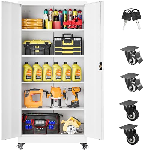 SISESOL 75" Tall Metal Storage Cabinet with Wheels,Rolling Garage Storage Cabinet with Lock,White Metal Cabinets with Wheels and Shelves,Tool Cabinets on Roller for Garage,Home,Office,Shop - color: White, size: 75"H x 31.5"W x 16"D