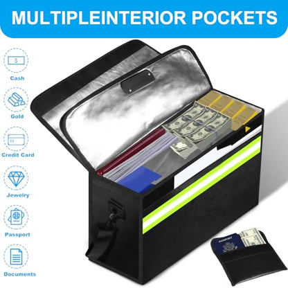 6500°F Fireproof Document Bag with Lock-Fireproof Box with 10 Layers Insulation Materials&Waterproof Zipper,Removable Wallet,Reflective Strip for Cash,Documents,Jewelry(14.2”x 9.6”x 4.1”) - color: Black, size: Medium