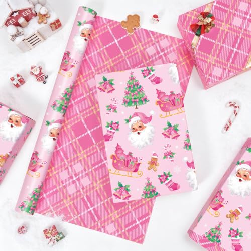 WERNNSAI Pink Christmas Wrapping Paper 17 In x 33 Ft Pink Santa Gift Wrap - color: Pink Christmas Tree