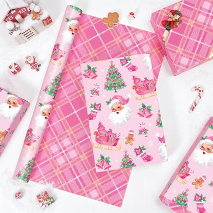 WERNNSAI Pink Christmas Wrapping Paper 17 In x 33 Ft Pink Santa Gift Wrap - color: Pink Christmas Tree
