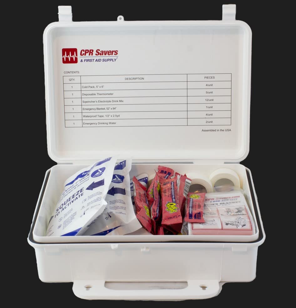 CPR Savers Heat Stress Relief First Aid Kit – Workplace Heat Safety Kit with Cold Packs, Electrolyte Drink Mix, Thermometers, Emergency Water & Solar Blanket