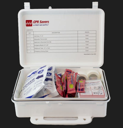 CPR Savers Heat Stress Relief First Aid Kit – Workplace Heat Safety Kit with Cold Packs, Electrolyte Drink Mix, Thermometers, Emergency Water & Solar Blanket