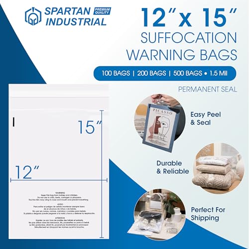 12” X 15” (100 Count) Self Seal Clear Poly Bags with Suffocation Warning - size: 12" X 15"
