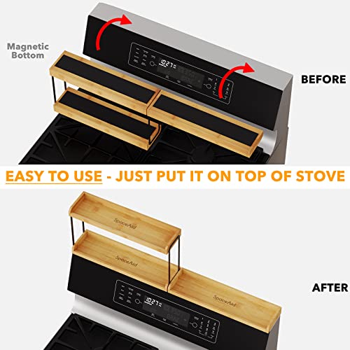 SpaceAid 30" Wide Kitchen Shelf Organizer for Stove, Magnetic Bamboo Spices Shelf for Home Stove Kitchen Storage Organization (Fit for Flat Top Only, 2-Tier) - size: 30" Wide, Natural, 2-Tier