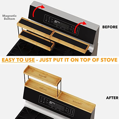 SpaceAid 30" Wide Kitchen Shelf Organizer for Stove, Magnetic Bamboo Spices Shelf for Home Stove Kitchen Storage Organization (Fit for Flat Top Only, 2-Tier) - size: 30" Wide, Natural, 2-Tier