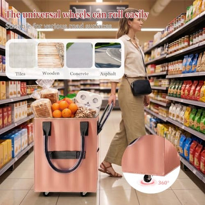 Reusable Grocery Bag on Wheel, Foldable Shopping Cart with Wheels, Can Carry up to 88 Pounds, Suitable for Groceries, Laundry, Camping and Moving. - color: Rose Gold - Medium