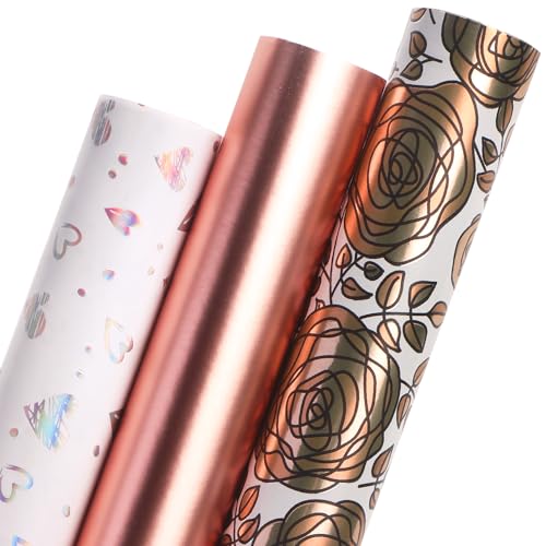 Ribbli Rose Gold Mother’s Day Wrapping Paper Mini Roll, 3 Rolls Happy Birthday Floral Heart Gift Wrap for Women Girl Friend Wedding - 17 inch x 120 inch(10feet) Per Roll - color: Rose Gold