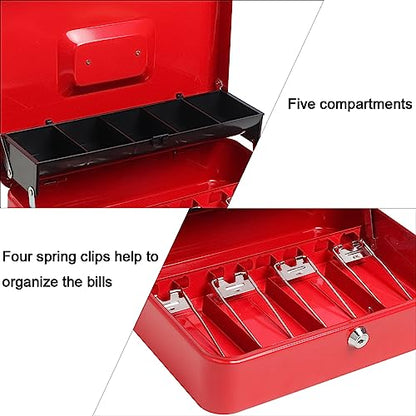 Cash Box with Money Tray and Key Lock, Parrency Large Money Box, 5 Compartments for Cions & 4 Spring-Loaded Clips for Bills, 11.8" x 9.5" x 3.5", K-Red - color: K-Red