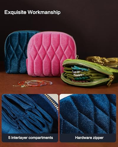 Small Travel Jewelry Case, Velvet Pouch with Zipper, Rose Purple - color: RosePurple