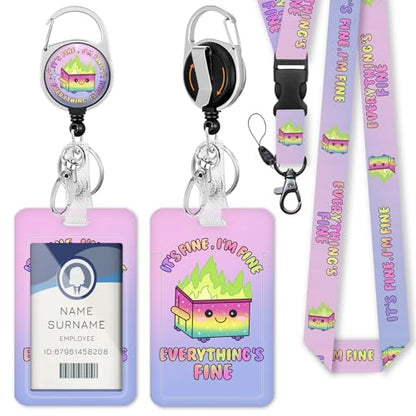 Gctriki Dumpster on Fire Purple Lanyards for ID Badges and Keys, Retractable Badge Reel Heavy Duty with Carabiner Clip, Funny I'm Fine ID Badge Holder with Lanyard, Teacher Nurse Women Office Gifts - color: Dumpster Colorful