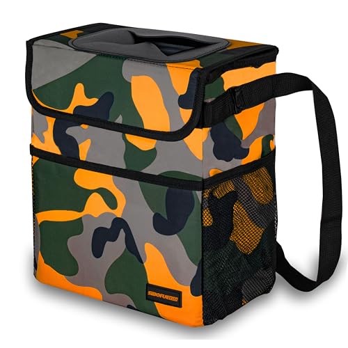 SIBOFUEGO Cute Car Trash Can with Lid, Collapsible, Leak-Proof, 2 Gallon - color: Camo Orange, size: 2 Gallons