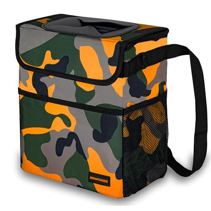 SIBOFUEGO Cute Car Trash Can with Lid, Collapsible, Leak-Proof, 2 Gallon - color: Camo Orange, size: 2 Gallons