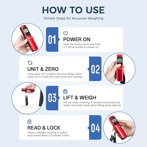 BAGAIL Digital Luggage Scale, 110lbs Hanging Baggage Scale with Backlit LCD Display, Portable Suitcase Weighing Scale, Travel Luggage Weight Scale with Hook, Strong Straps for Travelers - color: Dark Red Battery Free