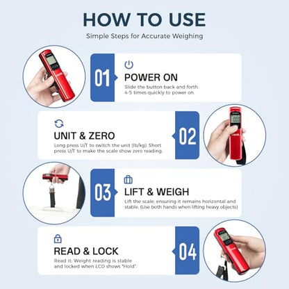 BAGAIL Digital Luggage Scale, 110lbs Hanging Baggage Scale with Backlit LCD Display, Portable Suitcase Weighing Scale, Travel Luggage Weight Scale with Hook, Strong Straps for Travelers - color: Dark Red Battery Free