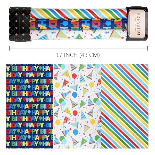 BIOBROWN Happy Birthday Wrapping Paper for Boys, Colorful Balloon & Striped - color: Blue&Birthday