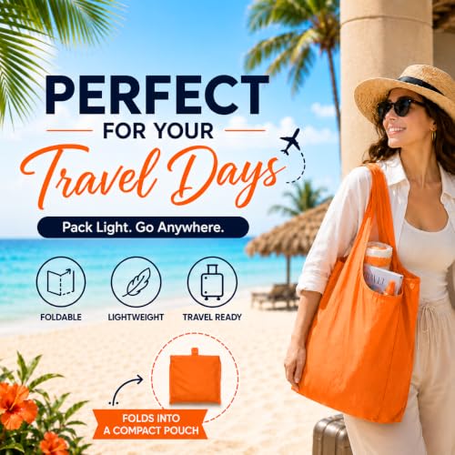 Reusable Grocery Bags 6 Pack, Foldable Shopping Bags with Pouch, Heavy Duty 50 LBS, Machine Washable Travel Totes - color: Orange