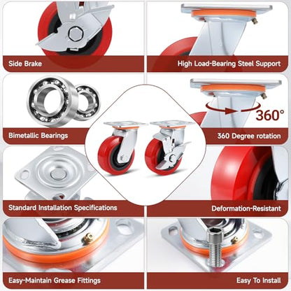 5 Inch Heavy Duty Caster Wheels Set of 4，Load 4000Lbs(2Side Brake&2Swivel) - color: 2Side Brake & 2 Swivel, size: 5 inch