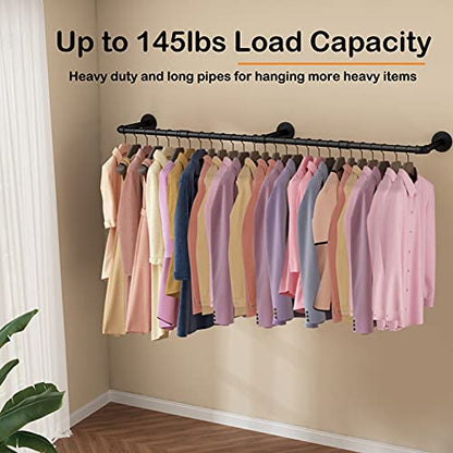 Wall Mounted Clothes Rack, 52.6in Industrial Pipe Clothing Rack for Hanging Clothes, Heavy Duty Garment Rack Wall, Space-Saving Bar, Multi-Purpose Hanging Rod for Laundry Room, Bedroom, 2Packs - size: 52.6Inches