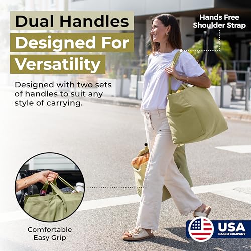 VeraMia Canvas Grocery Bag 3pc XL Set with Real Pockets, Long Shoulder Strap and Short Handle. Heavy Duty, Foldable, Washable - color: Avocado