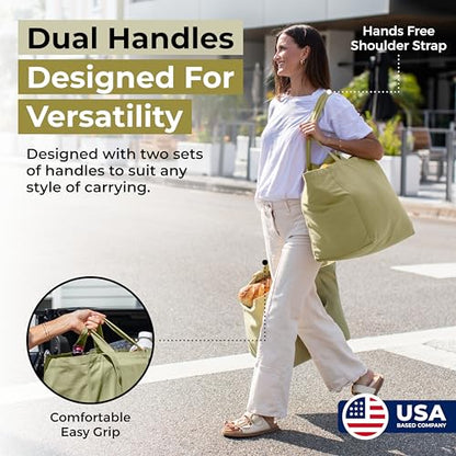 VeraMia Canvas Grocery Bag 3pc XL Set with Real Pockets, Long Shoulder Strap and Short Handle. Heavy Duty, Foldable, Washable - color: Avocado