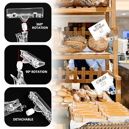 12 Pcs Clear Plastic Sign Clips Rotatable Double-Sided Price Tag Holders Merchandise Display Swivel Pop Clips for Retail Store Shelf Clothing Rack