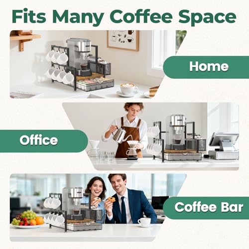 EsLuker.ly Coffee Bar Station Organizer with K Cup Drawer, 7 Mug Hooks - color: Black+Dark Brown