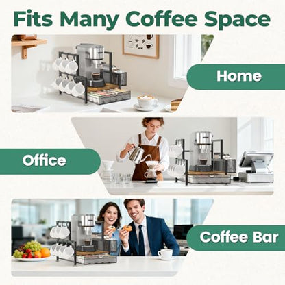 EsLuker.ly Coffee Bar Station Organizer with K Cup Drawer, 7 Mug Hooks - color: Black+Dark Brown