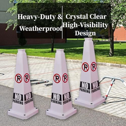BESEA No Parking Cones 3 Pack, 28 Inch Heavy Duty Weighted Parking Cones - color: White, size: 28INCH With Caution Sign
