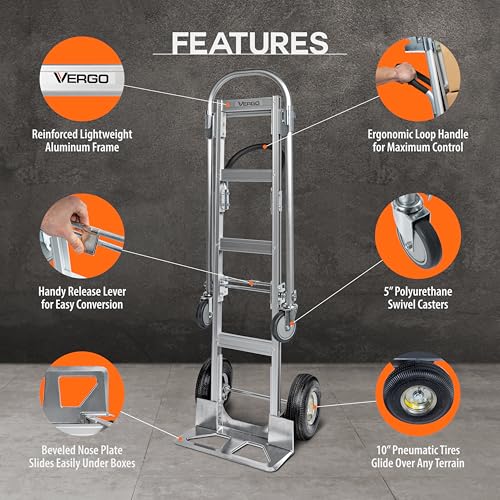 Vergo Industrial Convertible Hand Truck - AS7B Heavy Duty Aluminum 2 in 1 Dolly (800 lb Capacity) Lightweight Reinforced Frame, Ergonomic Handle, Superior Mobility Moving Dolly (2 Positions, 63" High) - size: 2 Positions, 63" High
