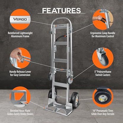 Vergo Industrial Convertible Hand Truck - AS7B Heavy Duty Aluminum 2 in 1 Dolly (800 lb Capacity) Lightweight Reinforced Frame, Ergonomic Handle, Superior Mobility Moving Dolly (2 Positions, 63" High) - size: 2 Positions, 63" High