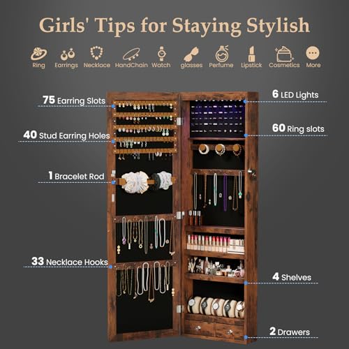 DUMOS 6 LEDs Mirror Jewelry Organizer Cabinet, Jewelry Armoire, 47.2 Inch - color: Rustic Brown