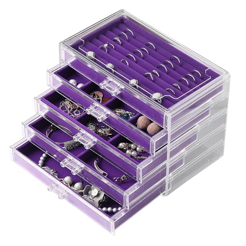Frebeauty Acrylic Jewelry Box,5-Layer Jewelry Organizer with Drawers - color: Purple