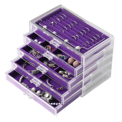 Frebeauty Acrylic Jewelry Box,5-Layer Jewelry Organizer with Drawers - color: Purple