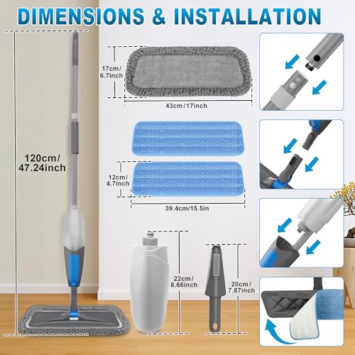 BPAWA Spray Mops for Floor Cleaning: Microfiber Wet Mop for Hardwood Tile - color: Gray-blue
