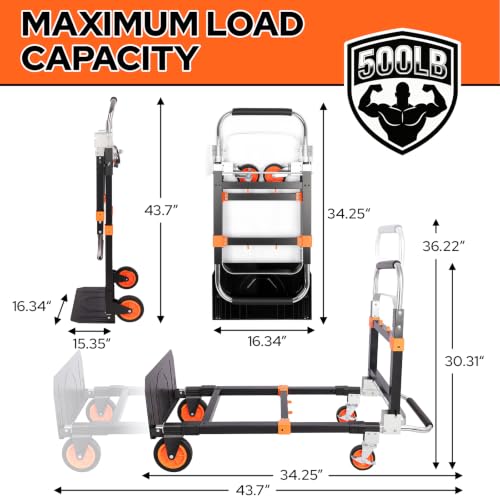 Folding Hand Truck Dolly Cart with Wheels, 500lb Load, Black Orange - color: Black+orange