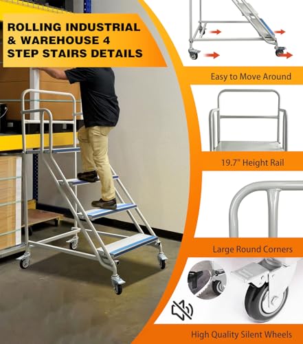 4 Step Stairs with 4 Wheels, Industrial & Warehouse Rolling Stairs, 59.1" H - style: 4STEPS-1