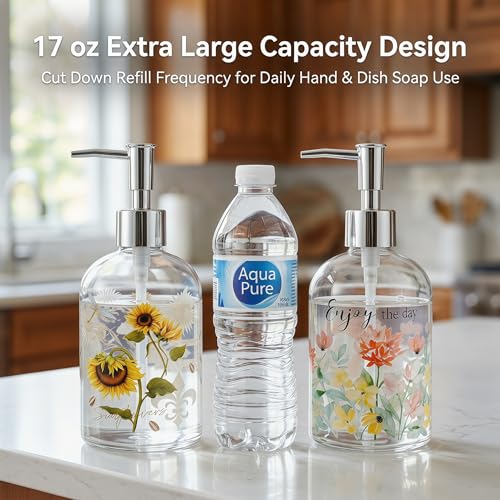 Topadorn Glass Soap Dispensers Set of 2, 17oz Sunflower & Floral Design - color: Pink and Yellow