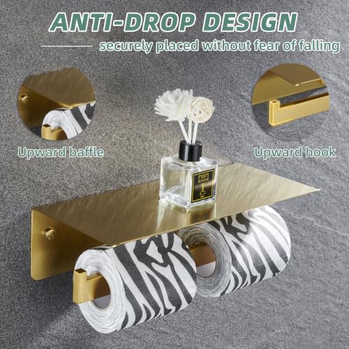 APLusee Brushed Gold Double Toilet Paper Holder with Shelf, Wall Mounted - color: Brushed Dark Gold, size: Double Rod