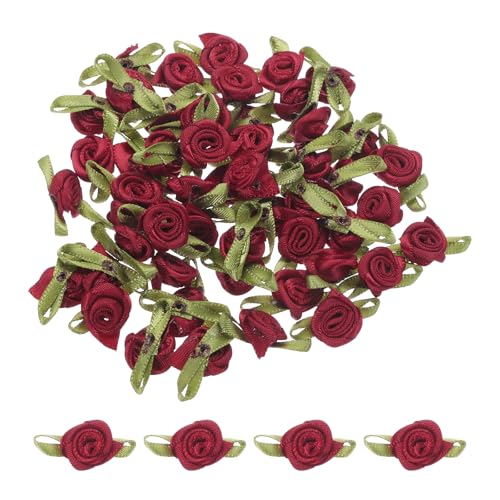 MECCANIXITY 30 Pcs Wine Red Mini Ribbon Bows Roses 5/8" x1-3/16 Tiny Satin Bows Roses for Sewing Appliques Crafts Little Artificial Flowers - color: Wine Red