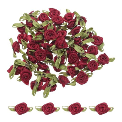 MECCANIXITY 30 Pcs Wine Red Mini Ribbon Bows Roses 5/8" x1-3/16 Tiny Satin Bows Roses for Sewing Appliques Crafts Little Artificial Flowers - color: Wine Red