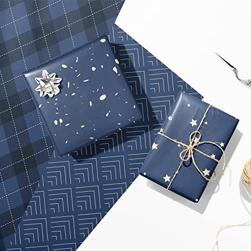 Ulmasinn Wrapping Paper Flat 8 Sheets for Birthday, Holiday, Father'S Day, Weddings, Graduations, Navy Printed with Geometric Patterns, Checks, Stars, Spots 20 X 29 Inches Each - color: Birthday deep blue