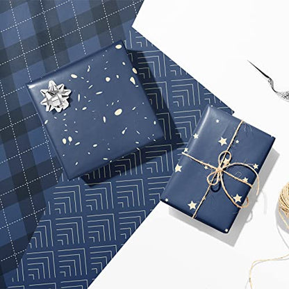 Ulmasinn Wrapping Paper Flat 8 Sheets for Birthday, Holiday, Father'S Day, Weddings, Graduations, Navy Printed with Geometric Patterns, Checks, Stars, Spots 20 X 29 Inches Each - color: Birthday deep blue