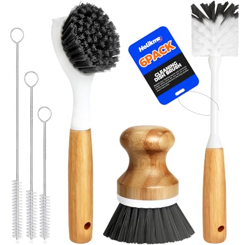 Holikme 6 Pack Dish Brush with Bottle Brush Scrub Brush Straw,Gray