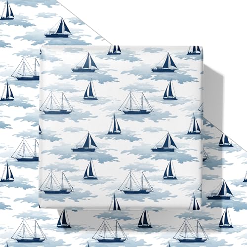 SaringSwoon Blue Ocean Wrapping Paper - Nautical Sailboat Gift Wrap with Ocean Boat and Waves Design for Birthday, Baby Shower, Summer, Father's Day, Graduation - 28×40 Inches, 4 Jumbo Folded Sheets - color: Blue Sailboat
