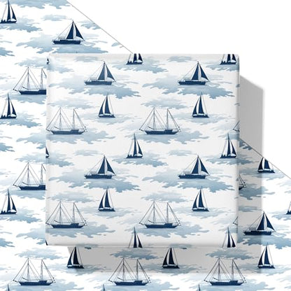SaringSwoon Blue Ocean Wrapping Paper - Nautical Sailboat Gift Wrap with Ocean Boat and Waves Design for Birthday, Baby Shower, Summer, Father's Day, Graduation - 28×40 Inches, 4 Jumbo Folded Sheets - color: Blue Sailboat