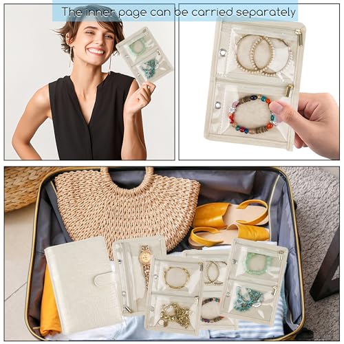 Travel Jewelry Organizer Case,Small Jewelry Bags Jewelry Storage Book Ring Binder with Clear Zipper Velvet Pouch for Traveling - color: Case,Beige