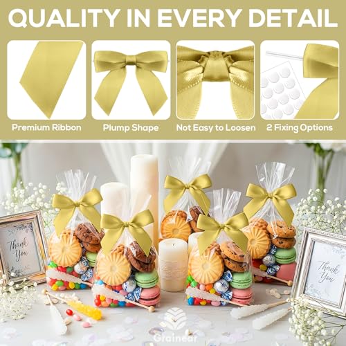 50 Pcs Gold Satin Ribbon Bows, 3.5" x 3.5", with Twist Ties - color: Gold