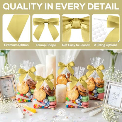 50 Pcs Gold Satin Ribbon Bows, 3.5" x 3.5", with Twist Ties - color: Gold