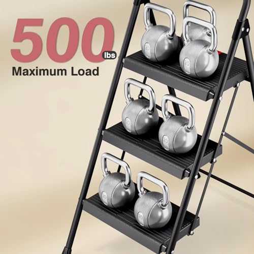 TOOLF 3 Step Ladder, Folding Steel Step Ladder with Handrail, Black - size: 3 Step Ladder